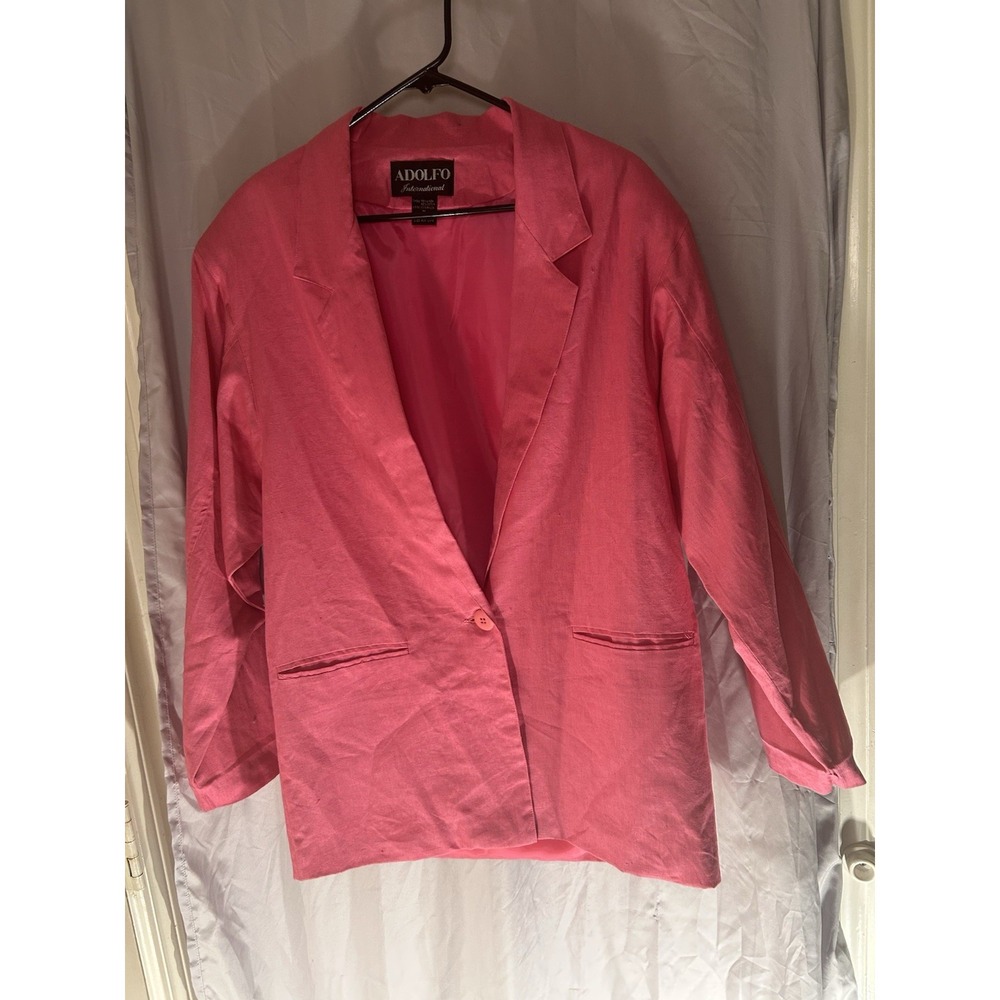 Adolfo International Womens M Pink Linen Blend Blazer 1 Button Lined Jacket - Picture 5 of 6